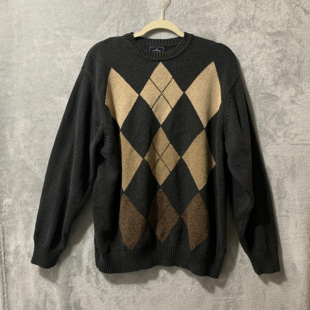 Dockers Mens Argyle Sweater Dark Gray Tan Brown Long Sleeve Crew Neck XXL